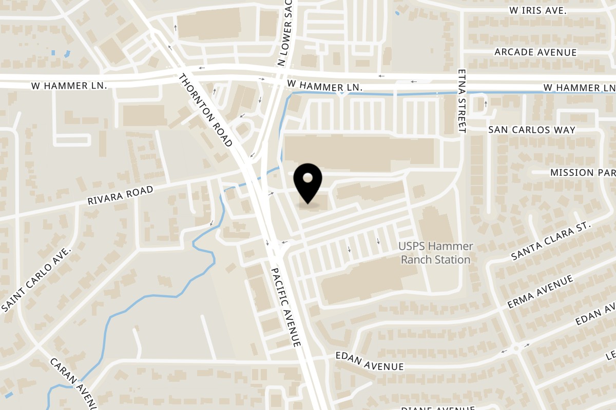 Map showing the location of CAPs Pizza and Tap House on 7628 Pacific Ave in Stockton